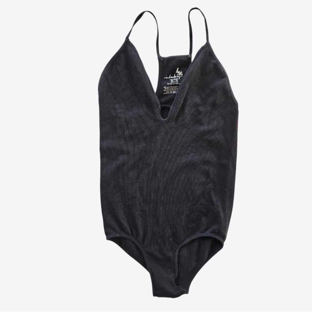 Free People Intimately Black Ribbed Plunge Spaghetti Strap Stretch Bodysuit M/L